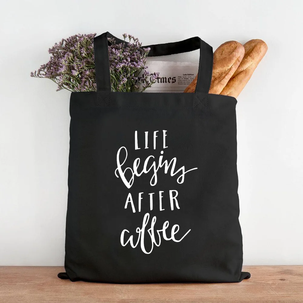 Mom Life Women Shoulder Cloth Bags Reusable Shopper Teacher Student Book Bags First Coffee Printing Canvas Shopping Black Bags