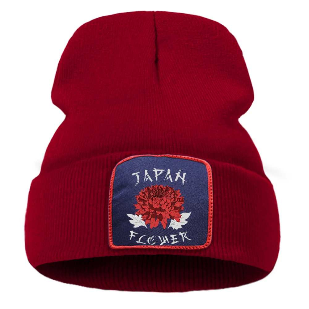 Japan Red Flowers Beauty Comics Printing Mens Knitted Hats Cotoon Warm Winter Hat For Girl Solid Color Simple Women Autumn Cap