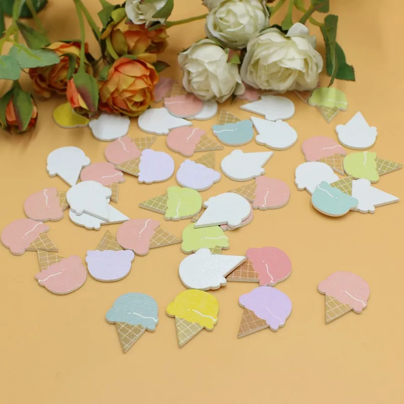 50Pcs/Lot no Holes Cute Mix Colors Ice cream wood chip buttons for craft DIY Accessories wooden buttons