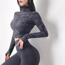 Felpa sportiva di alta qualità con cerniera collo alto stretto Yoga Crop Top stile corto ciclismo Fitness manica lunga felpa ad asciugatura rapida