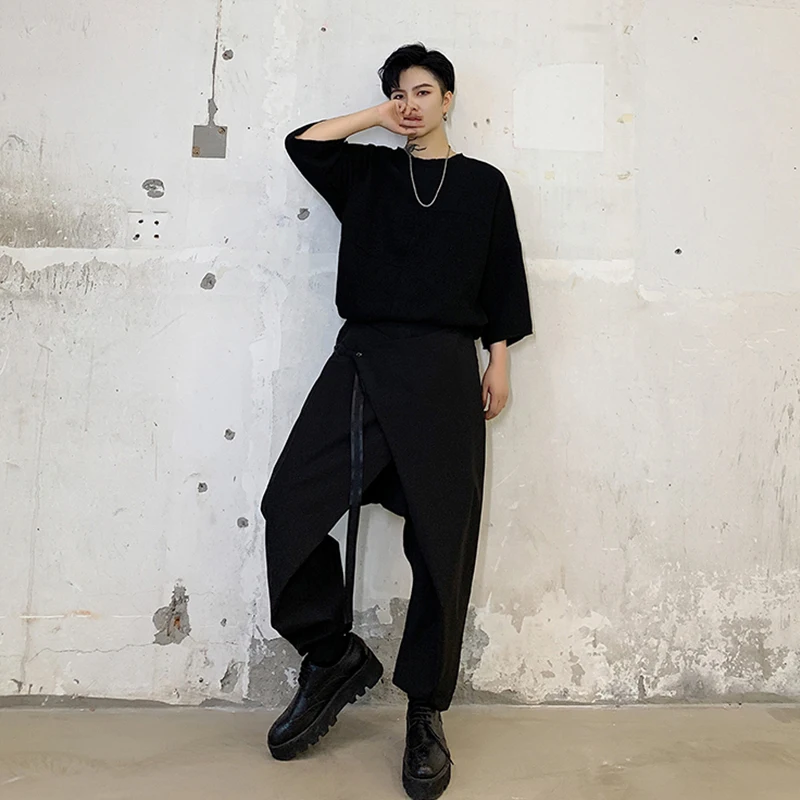 

Men's Pants Spring And Autumn New Fashion Drawstring Style Pants Black Casual Small Foot Style Large Crotch Pants Black Slim Fit