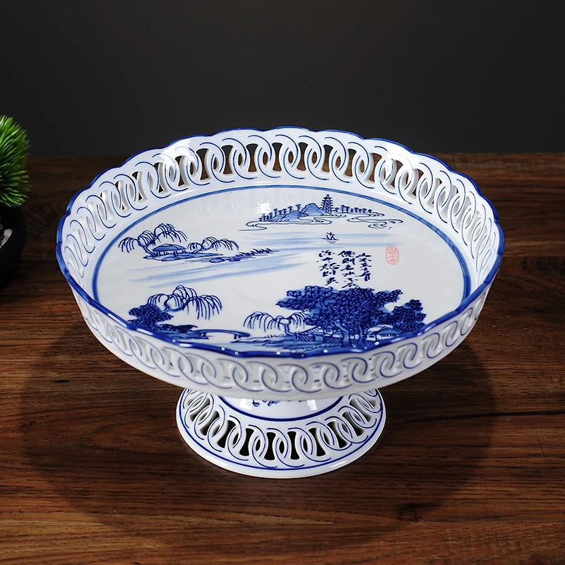 

blue and white porcelain fruit plate living room household landscape plate tea table Buddha Hall fruit plate high foot plate