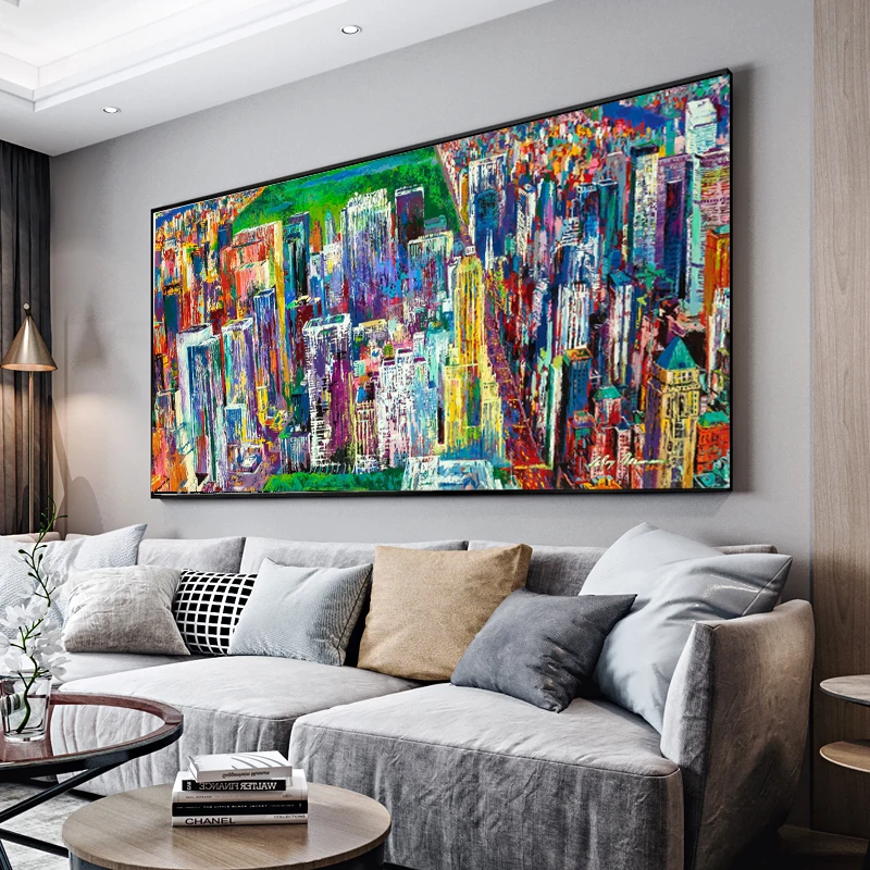 WANGART Large Size abstract city Oil Painting Manhattan Panorama Wall Decor Blue Painting for Print Wall Picture no frame