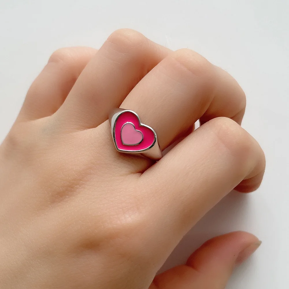 Vintage Creative Simple Women Colorful Double Layer Love Heart Ring Aesthetic Egirl Kawaii Goblincore Indie Rings Grunge Jewelry