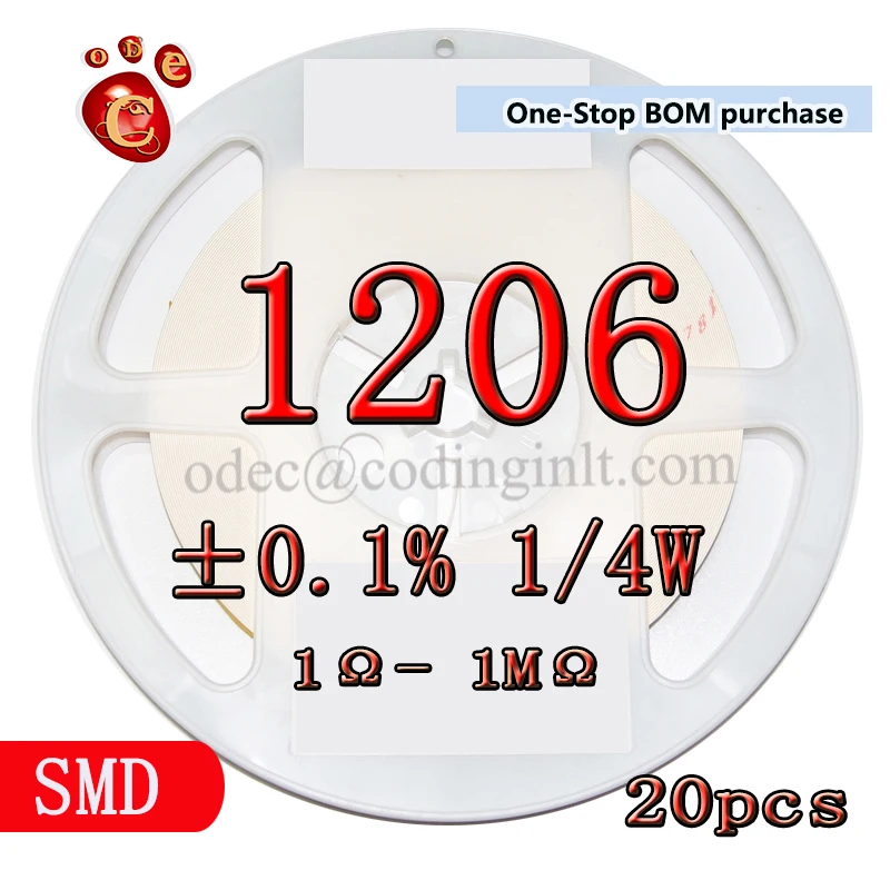 

1206 0.1% 0.001 1/4W High precision fil Chip 25PPM 1R 10R 100R 1K 10K 47K 56K 68K 100K millesimal thousandth Resistor 20pcs/lot