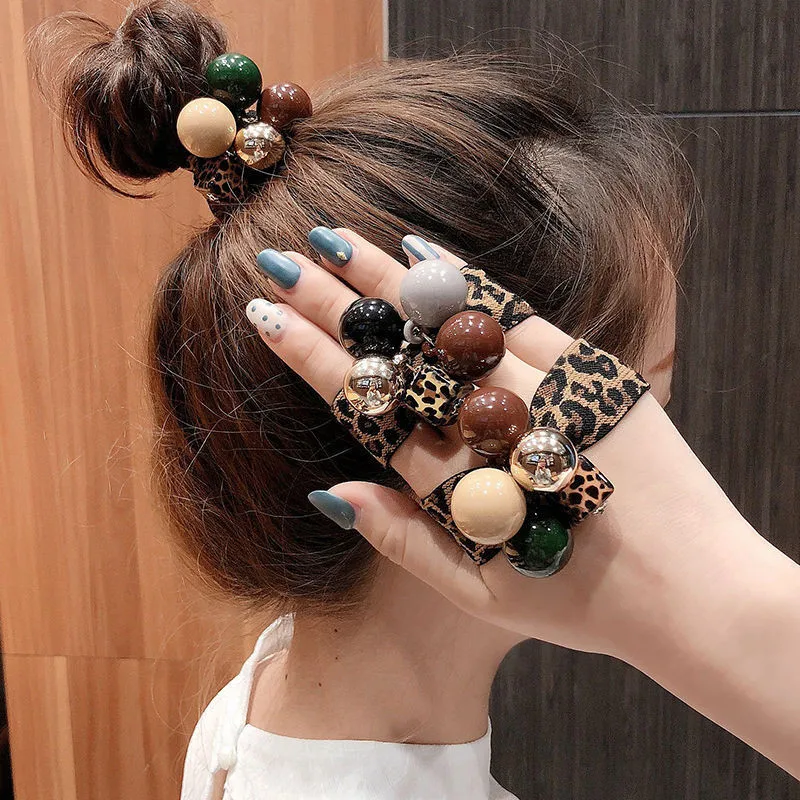 Leopard Elastic Hair Bands Ponytail Holder Scrunchies Big Pearls Beads Rubber Resin Balls Band Headband Lady Hair Accessories