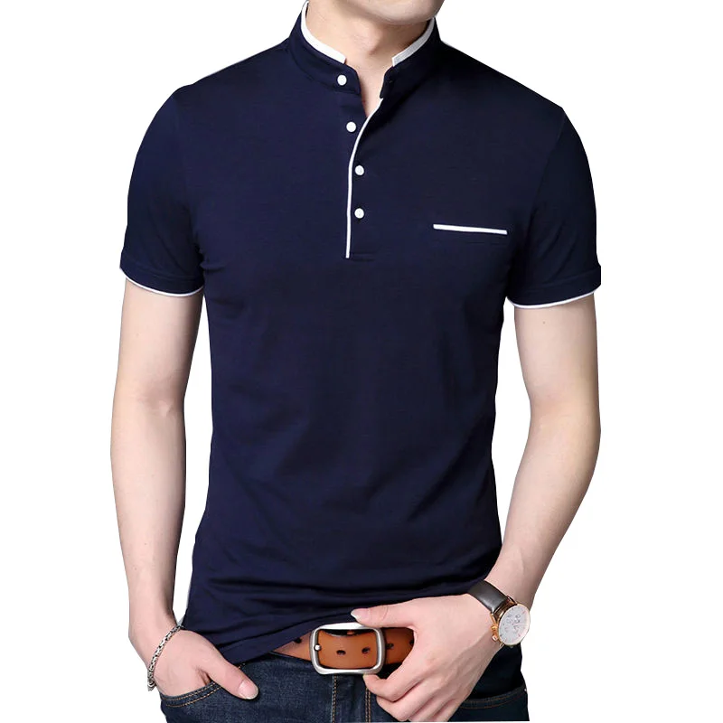 New Summer Short Sleeve Men T Shirt Fashion Slim Fit Stand Collar Men\'s Tops Tees Cotton Business Casual Mens Clothing 2022