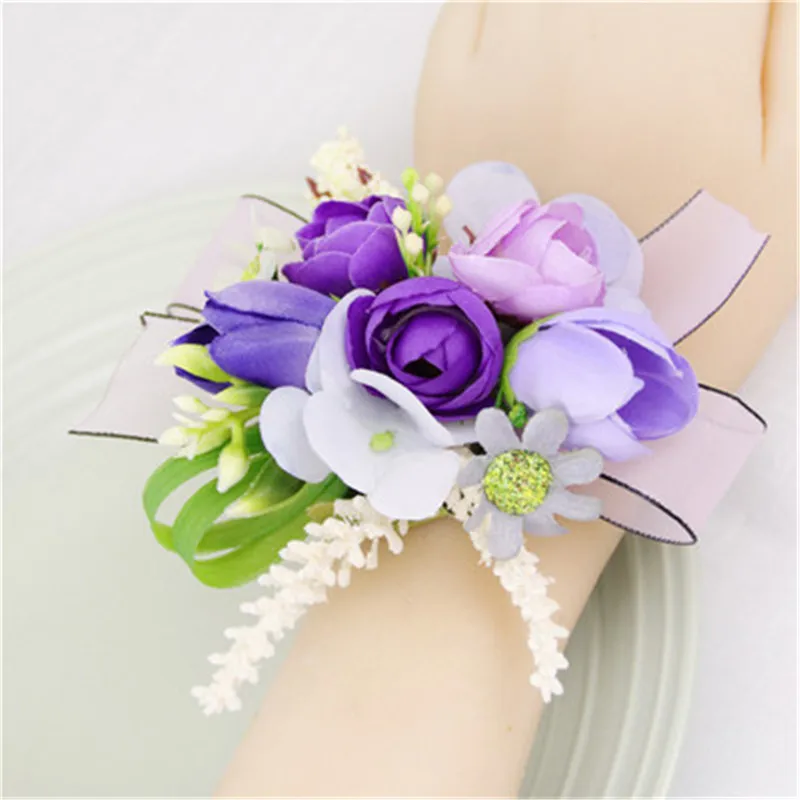 Boutonnière violette CHO Balance pour hommes, broche de mariage, fleurs artificielles, bracelet de demoiselles d'honneur, corsage de poignet de Rh