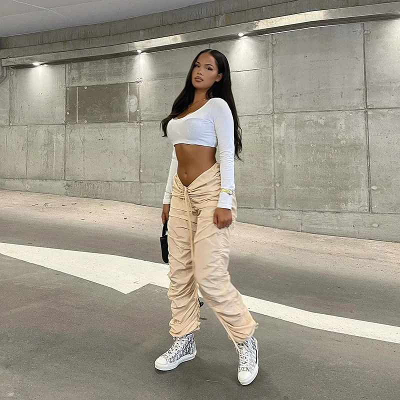 Fashion Streetwear Pleated Drawstring Sweatpants Autumn Jogging V Waist Low Rise Stacked Bottoms Female Trousers Hipster 2021