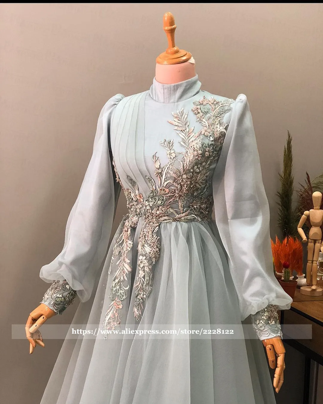 High Neck Muslim Evening Gowns for Women Formal Dress Elegant Dubai A-Line Lace Beads Tulle Long Sleeves Prom Dresses Plus Size