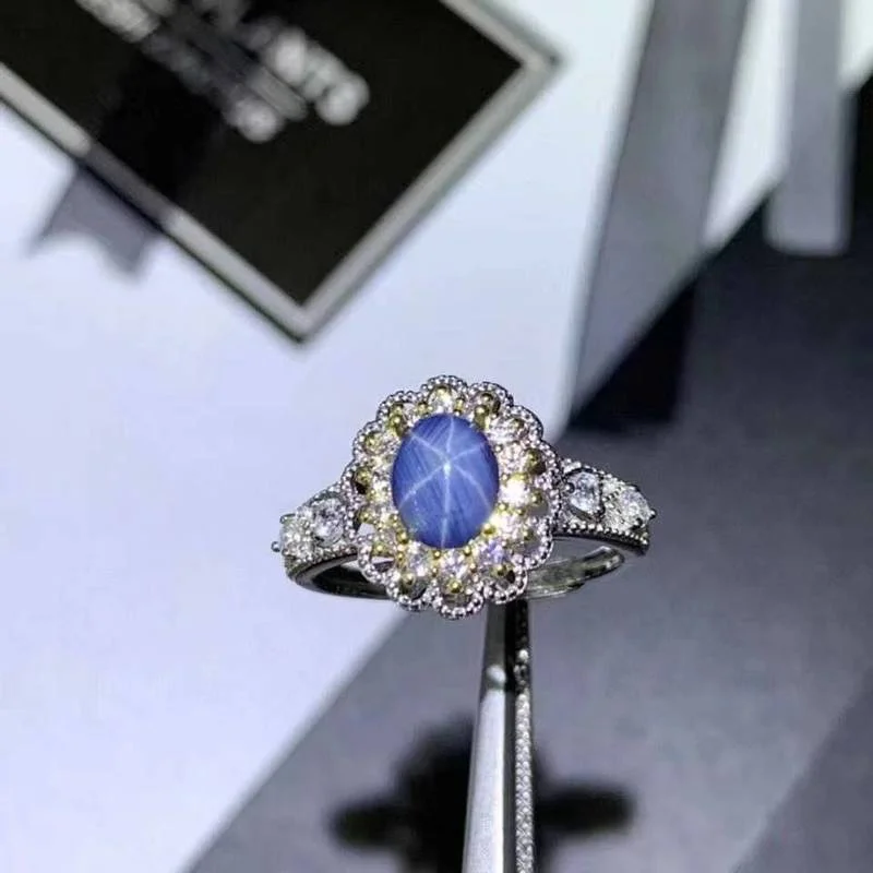 

Natural Blue Sapphire Star Gem Ring S925 Silver Natural Gemstone Ring Women's Office Gift Jewelry