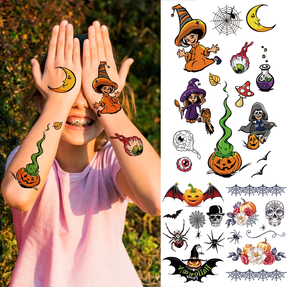 Black Halloween Spider Temporary Tattoos For Kids Children Realistic Fake Bat Scarecrow Skull Tatoos DIY Small Tattoo Stickers