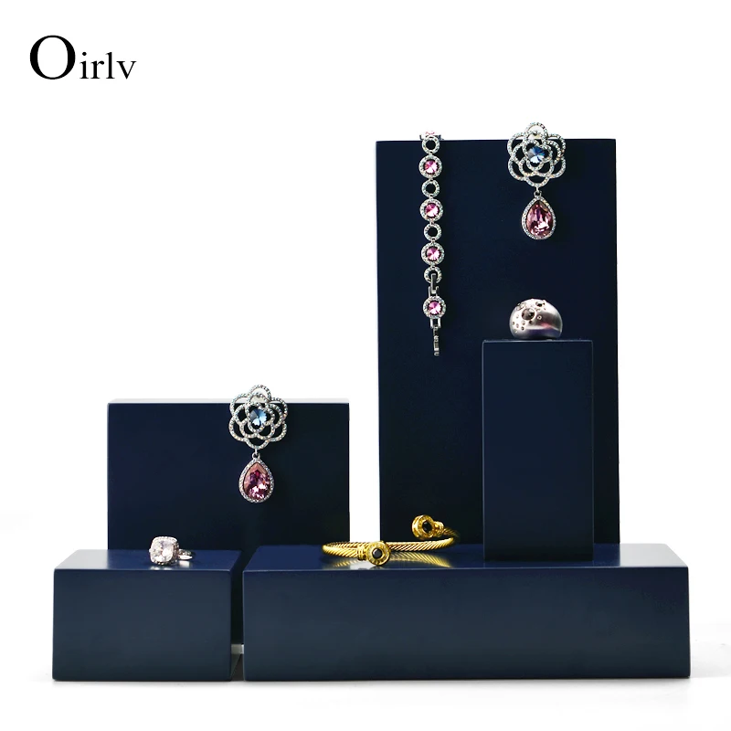 Oirlv Premium Dark Blue Solid Wood Bracelet Display Stand Earring Pendant Holder Box Jewelry Prop Display Table Set