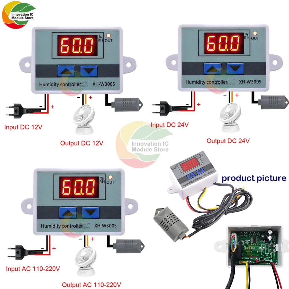 XH-W3005 W3005 LED Digital Humidity Controller 12V 24V 220V Hygrometer Control regulator Switch Hygrostat With Humidity Sensor