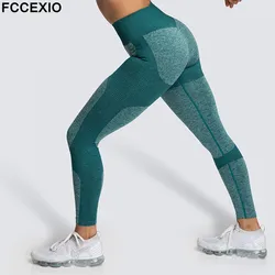 FCCEXIO High Waist Sport Leggings Women Push Up Running Pants Workout Fitness Gym Tights Sexy Slim Energy Vital Seamless Legging