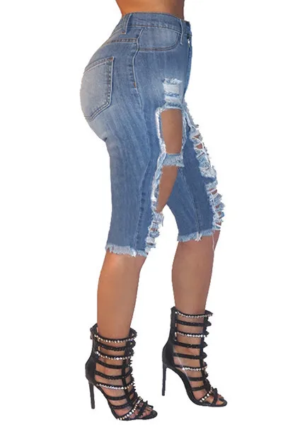 Trendy frauen Zerrissene Jeans Mode Elastische Hohe Taille Dünne Denim Jeans Knielangen Bleistift Hosen Sommer Casual Hipster Jeans