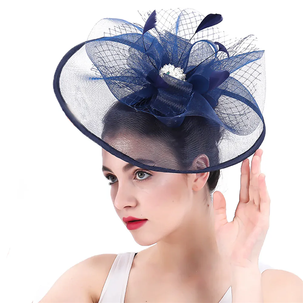 

Elegant Women Big Derby Fashion Fascinators Navy Mesh Hats Bride Tulle Hair Accessories Cocktail Race Headband Hair Accessories