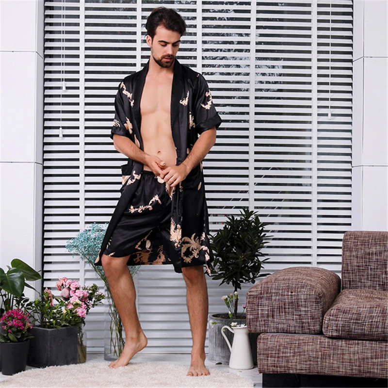 Bathrobe Men's Rayon Short-sleeved Dragon Pattern Robe Summer Thin Sexy Pajamas Wedding Robe Pijama Men Kimono 2022