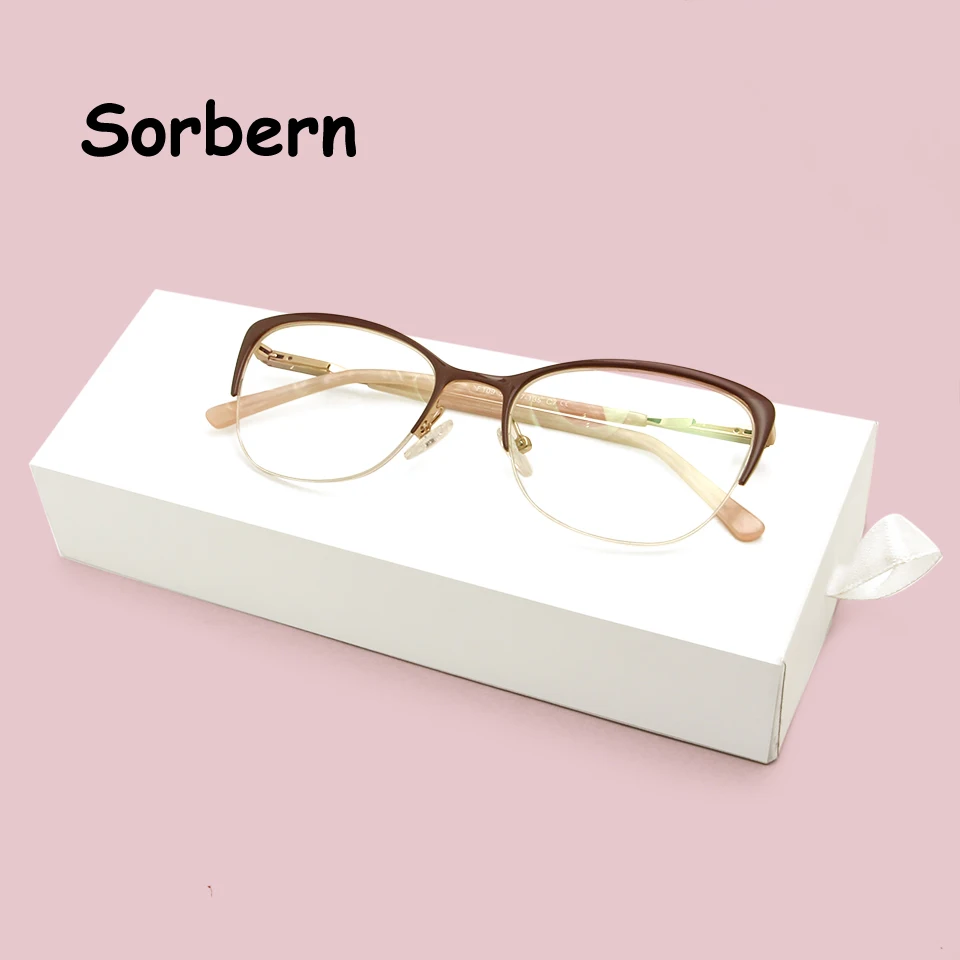 

Trendy Alloy Browline Cat Eye Glasses Frames For Women Half Rim Optical Frame Prescription Eyeglasses Spring Hinge Stylish