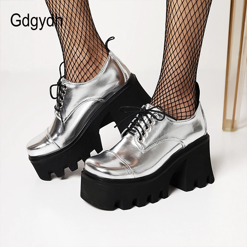 Gdgydh New Fashion Silver Platform Shoes Harajuku Japanese School Shoes Women Chunky Heel Light Comfortable Gothicgirl Lace Up