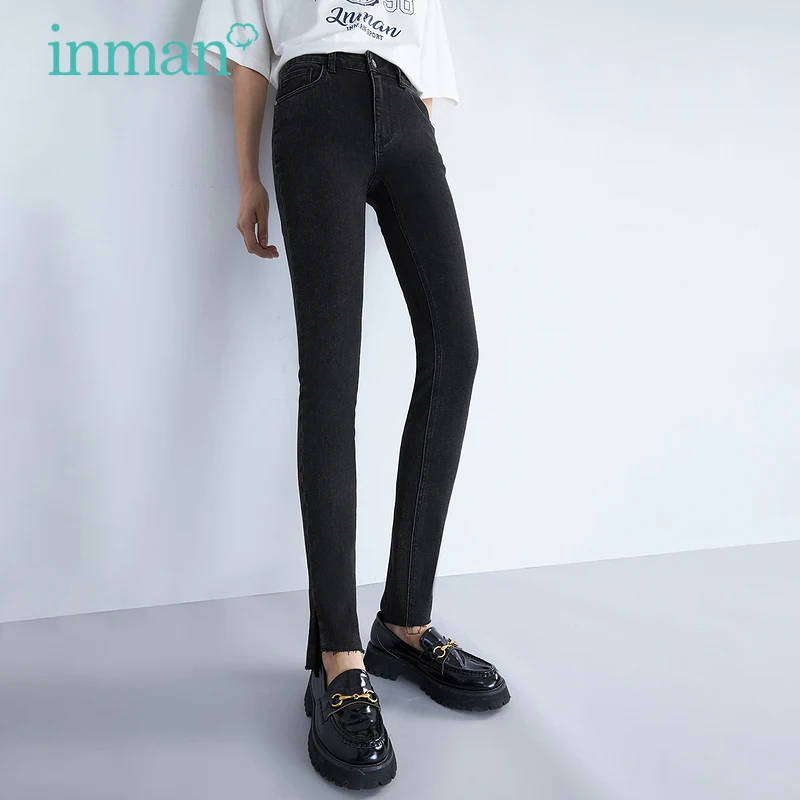 

INMAN Women's Jeans Spring Autumn Trendy Minimalist Slim Elasticity Irregular Slit Hem All-match Denim Pencil Trousers