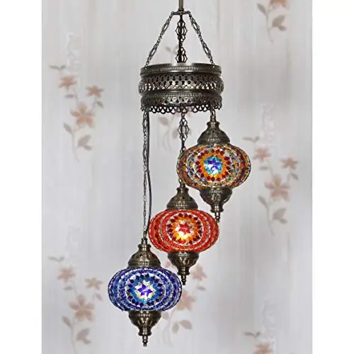 LaModaHome 35 + Unique Colors, 2020 Customizable Chandelier 3 Globes + Free 3 Bulbs, stunning Mosaic Turkish Lamp Moroccan Light