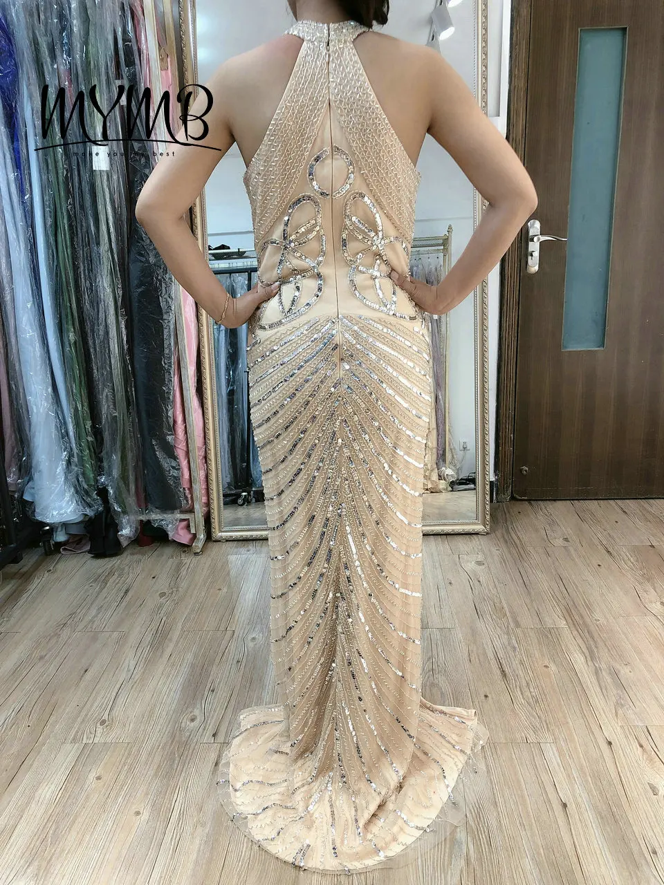 Halter Neck Beading Couture Prom Dress 2021 MYMB GOLD High Slit Evening Gown MY21109