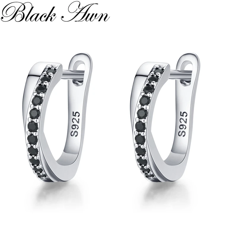 2023 New Classic Silver Color Round Black Trendy Spinel Engagement Hoop Earrings for Women Fashion Jewelry Bijoux I197