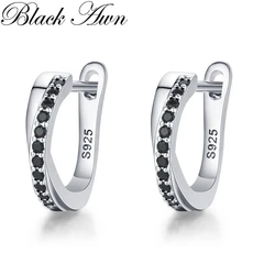 2026 New Classic Silver Color Round Black Trendy Spinel Engagement Hoop Earrings for Women Fashion Jewelry Bijoux I197