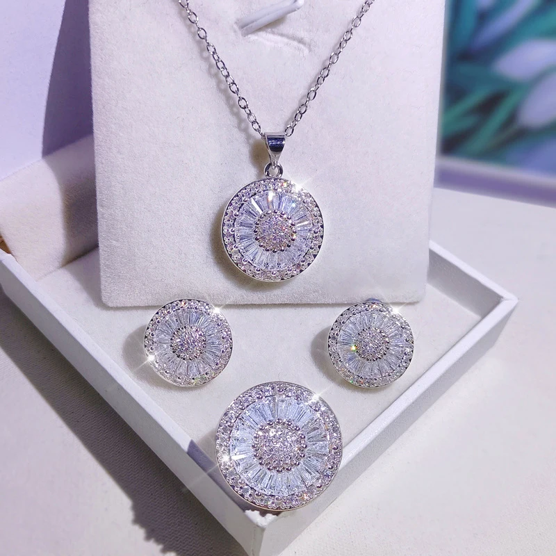 

Bling Big Round Rings Silver Color Earrings for Women Paved Zircon Stone Necklace Fashion Jewelry Set New Arrival