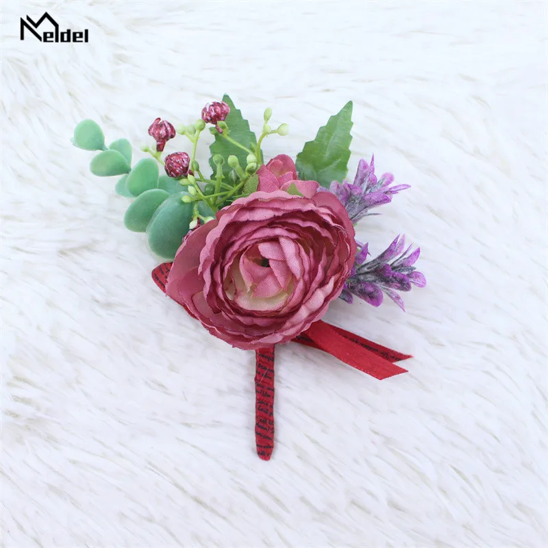 เจ้าบ่าวแต่งงาน Boutonniere Corsage ข้อมือเข็มกลัดดอกไม้สีม่วงสีขาว Rose Lapel Pin Buttonhole ผู้เข้าพักแต่งงานอุปกรณ์เสริม