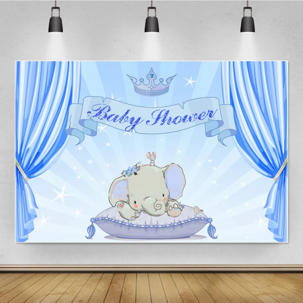 

Laeacco Elephant Baby Shower Party Pink Curtain Gold Crown Photocall Family Shoot Photography Backgrounds Photo Backdrops