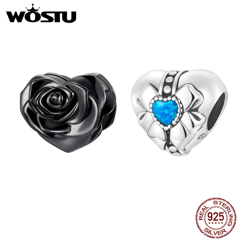 WOSTU 925 Sterling Silver Love Black Rose Lettering Gift Charm Bead Pendant Fit Original Bracelet Necklace For Women Jewelry