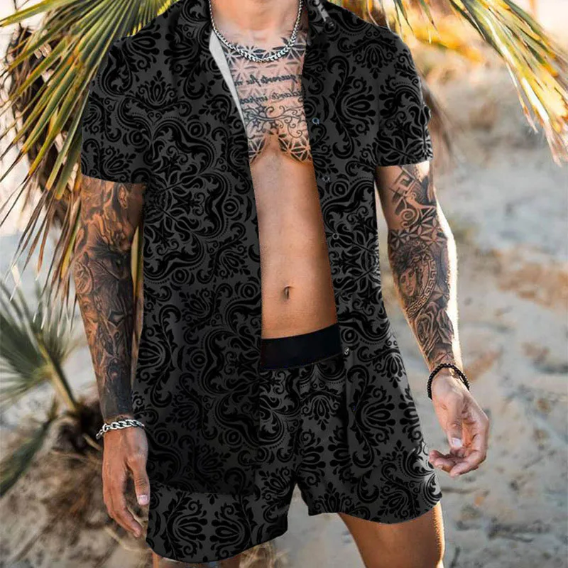 Men\'s Suit Short Sleeve Hawaiian Shirt + Shorts Large Summer Print Casual Blouses Beach Two-Piece Suit 2023 New Fashion Clothing