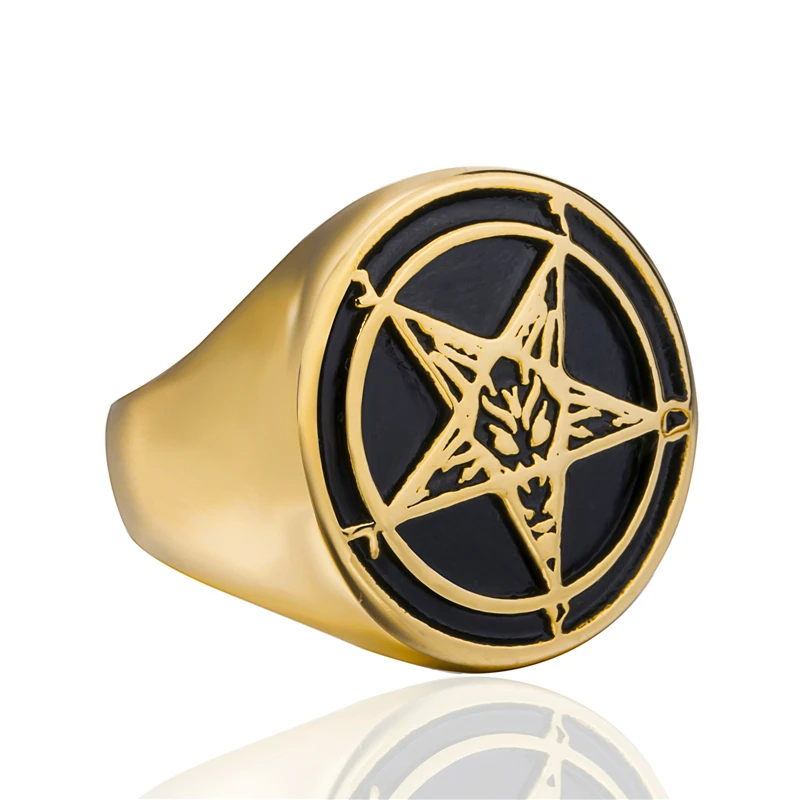 Elfasio Mens Gold Plated Satanic Baphomet Goat Pentagram Devil Stainless Steel Ring Vintage Symbol Jewelry Size 7-15