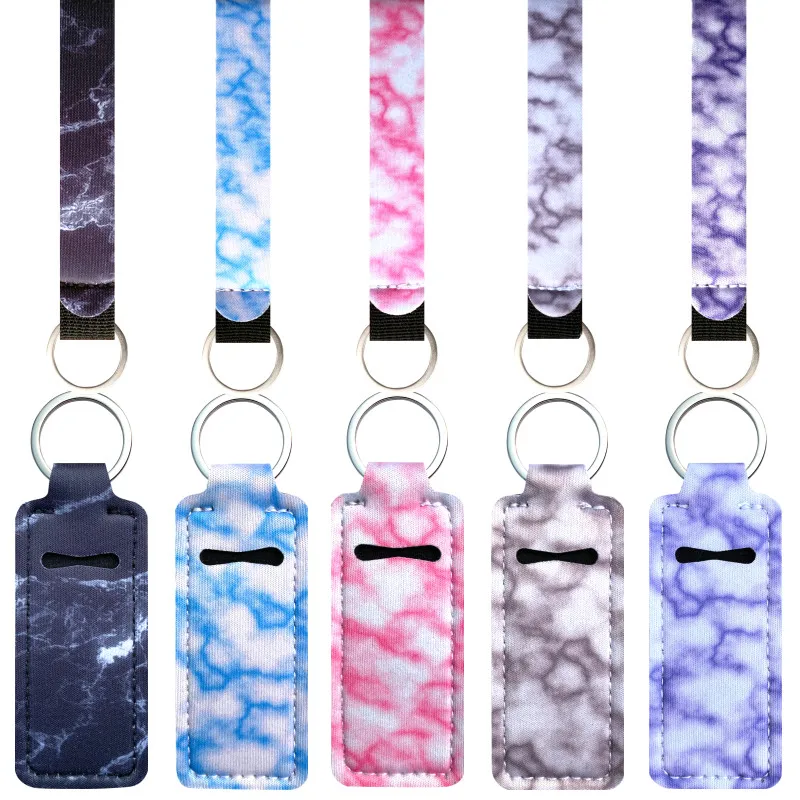 1set=2pcs Marbling Chapstick Holder Keychains with Wristlet Lanyard Neoprene Lipstick Holder Keychain Best Party Gifts