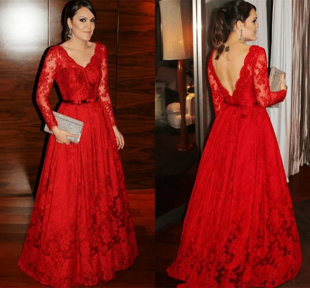 Elegante vestido rojo De encaje con cuello en V para baile De graduación, cinturón De manga larga, cuentas De lentejuelas, largo hasta el suelo, vestidos De noche para celebridades, bata De Soriee