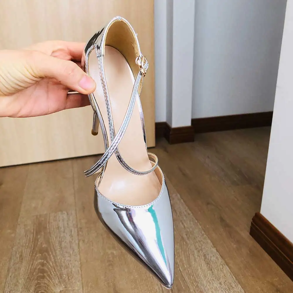 Tikicup Shiny Silver Women Cross Ankle Strap Stiletto Pumps Pointed Toe Sparkly Stiletto High Heels Wedding Bridal Shoes