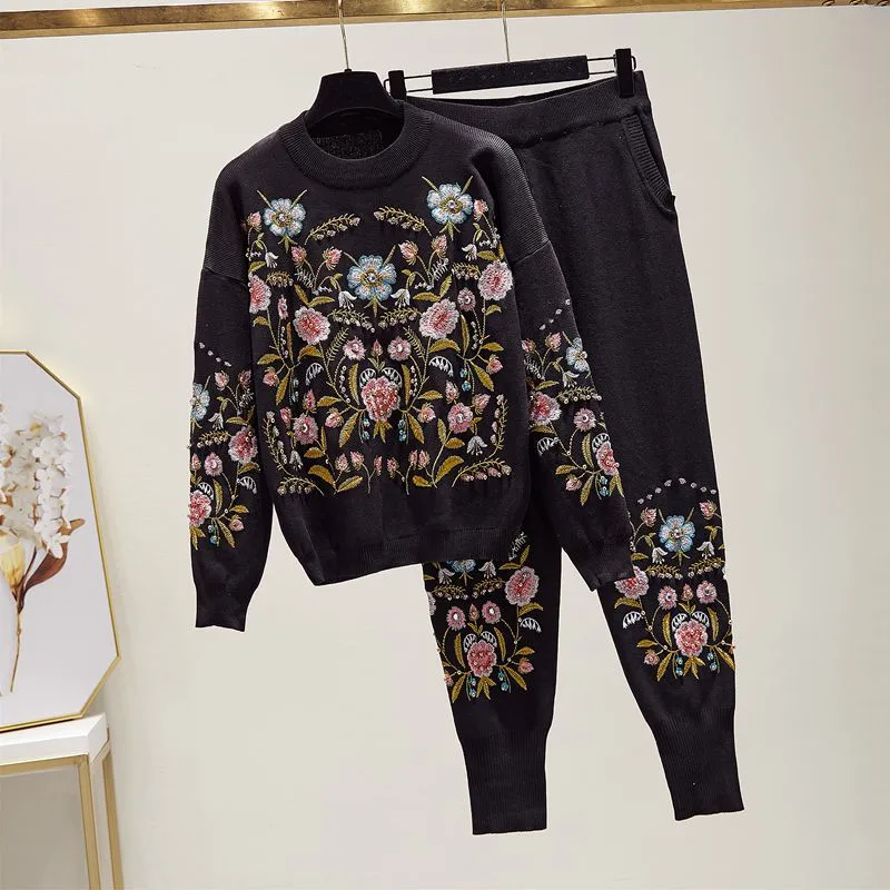 Autumn Fashion Black Knitted Tracksuit Women Outfits Embroidery Flowers Sweater Pencil Pants Set Loose Casual Knit Suit Female