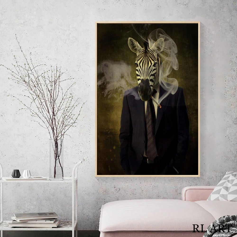 Modern Animal Portrait Posters and Prints, Wall Canvas Art, Mr Zebra Smoking in a Suit Picture for Living Room, Home Decor