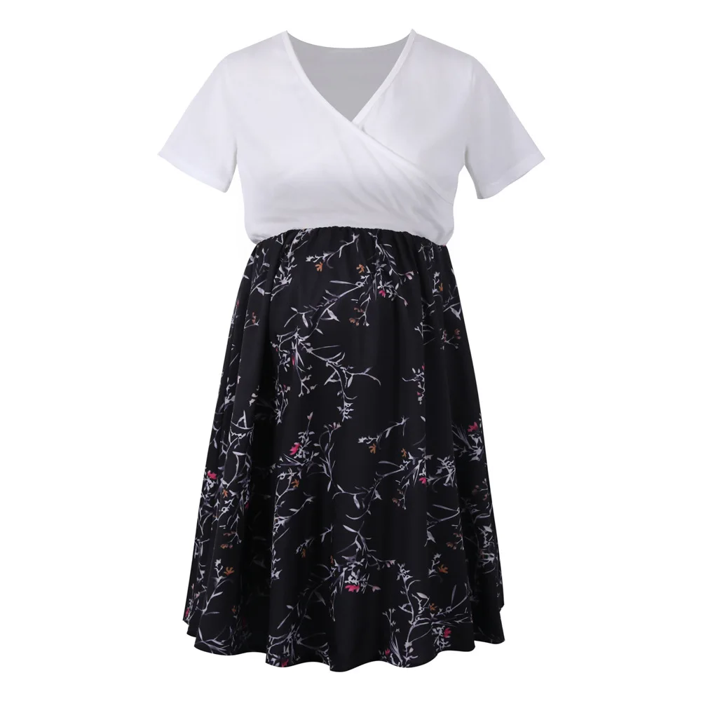 

Summer New Casual Maternity Wear Short-sleeved Color Matching Breastfeeding Nursing Clothing Dress Long Skirt Pregnancy Clothes