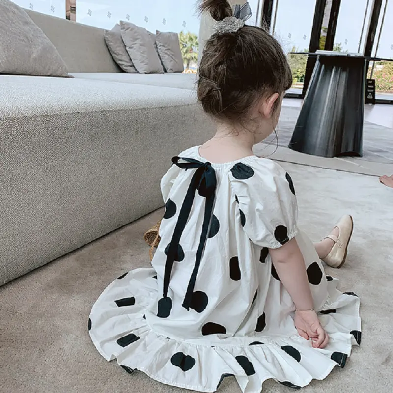 2022 New Summer Girls' Dress Fashion Bow Puff Sleeve Polka Dot Party Princess Dress Cute Children's Baby Kids Girls Clothing