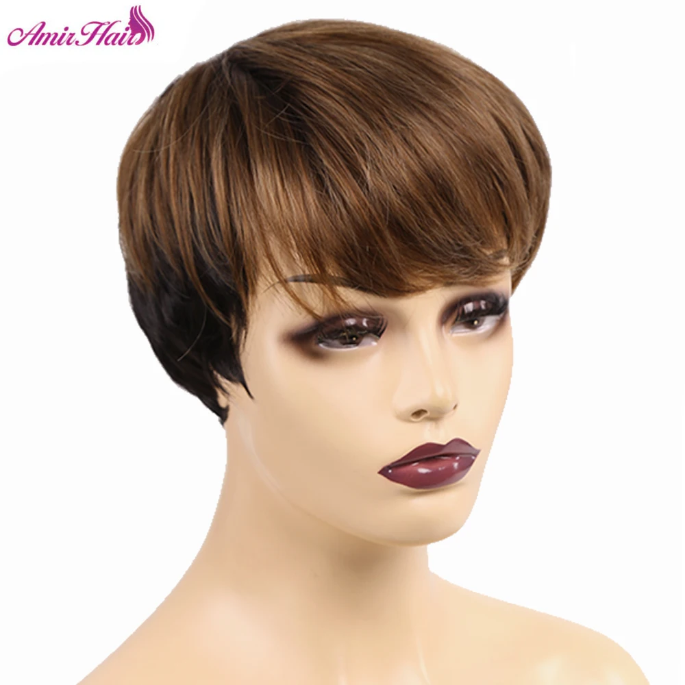 

Amir Straight Synthetic Wigs With Bangs Short Wig For Women Brown Black Muli Color Pixie Cut High Temperature Fiber