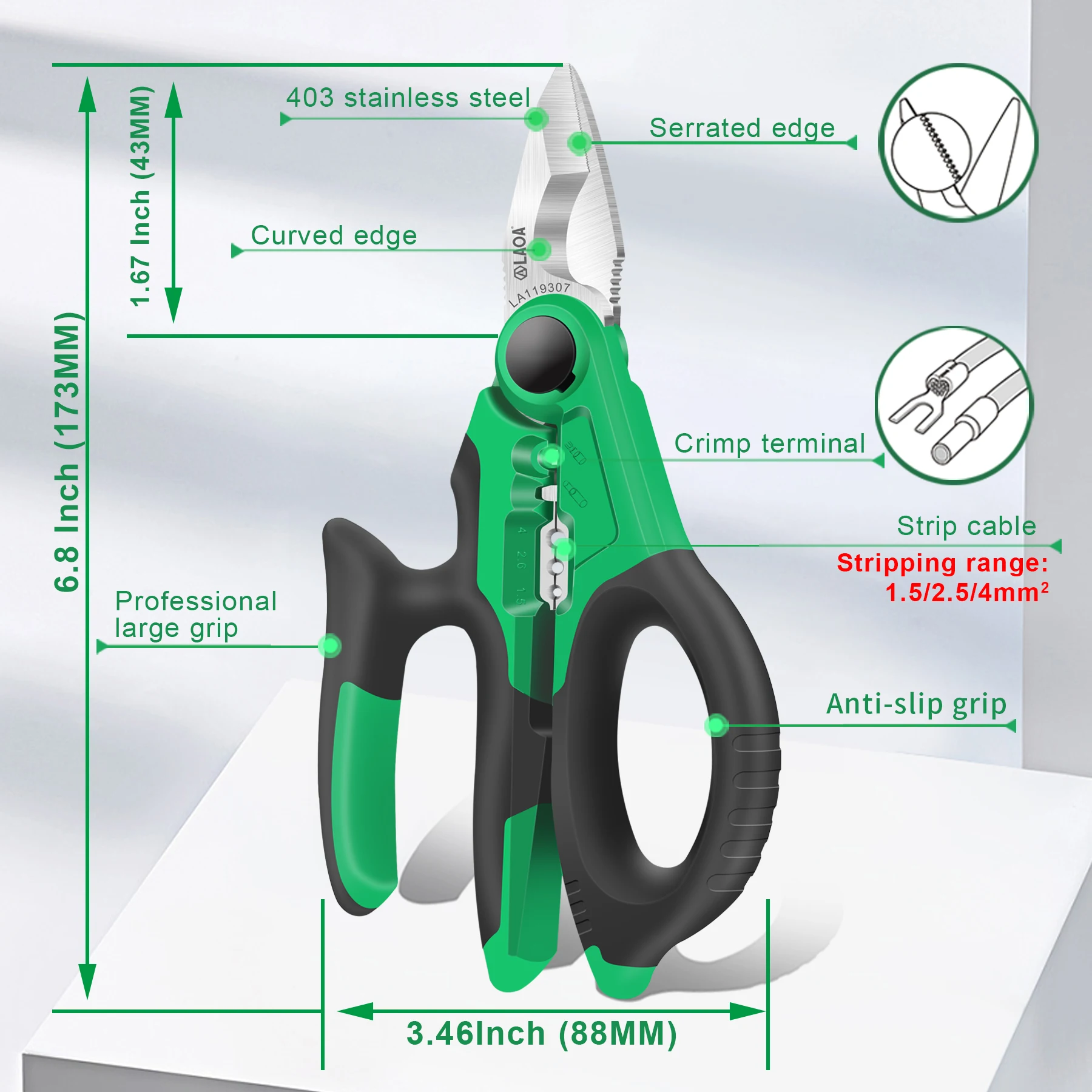 LAOA 6/7/8 inch Electrician Scissors 1.5-4mm² Wire Cutters Stripping Electric Wire 1.5-4mm² Cutting Terminal Crimping Stainless