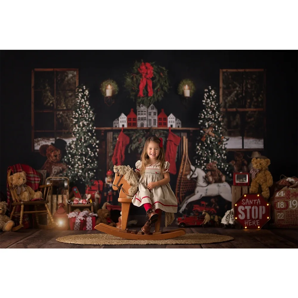 Christmas  Photography Backdrop Fireplace Windows Red Sock Background Christmas Tree Gift Toys Winter Newborn Photographic Props