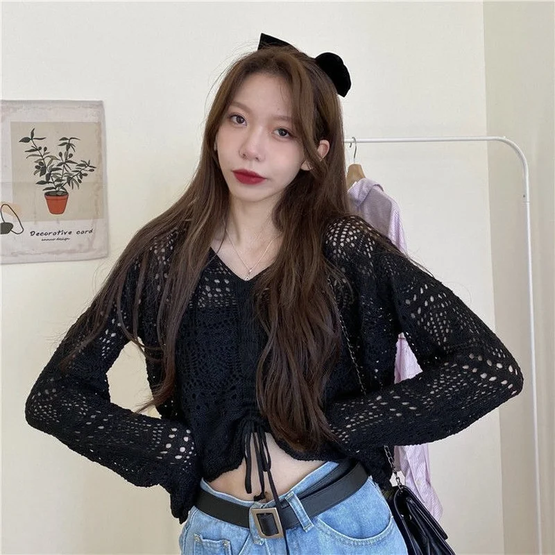 Pullover Women Hollow Out Korean Simple Fashion Casual Spring Feminine Chic Student Tender Slim Soft Streetwear Crops Knitwear