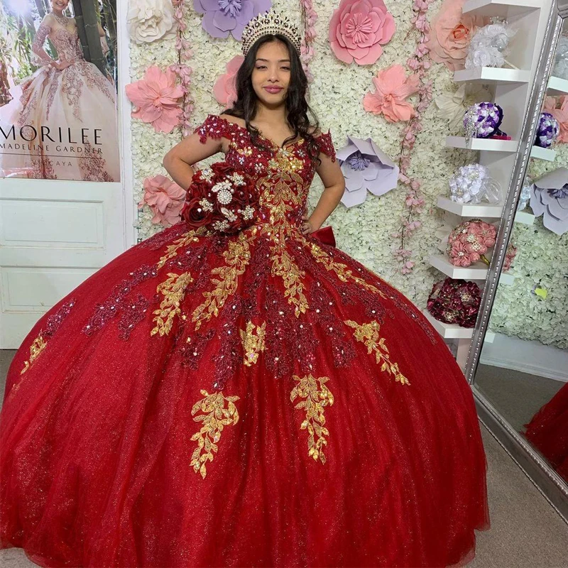 Impresionante vestido rojo de princesa quinceañera, embellecedor dorado con lentejuelas, dulce 16 Vestidos de corsé sin hombros 15 años