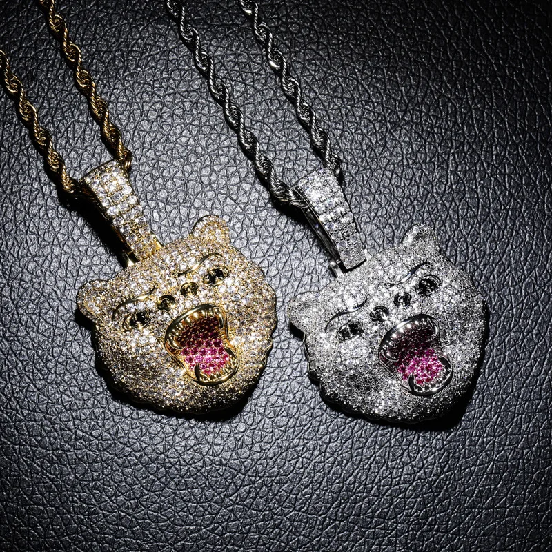 

DNSCHIC Roaring Bear Pendant with Necklace Iced Out Bling Pendant Full Zircon Hipster Necklace for Men Punk Best Gift Fashion