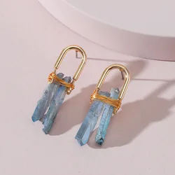 Women Trendy Handmade Copper Wrapped Statement Earrings with Blue Stone New Fashion Natural Quartz Stud Earring