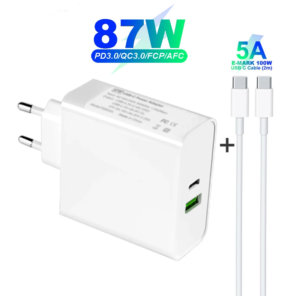 87W 65W USB-C Power Laptop Adapter Replacement AC Supply Charger for MacBook Air Pro 15 Inch Xiaomi/Huawei/ASUS (USB-C Cable 5A)